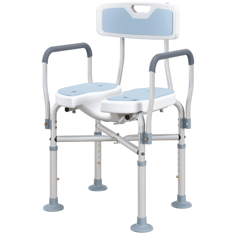HOMCOM Tabouret de douche, tabouret de bain avec siège rembourrée en U amélioré et accoudoirs, hauteur réglable, bleu