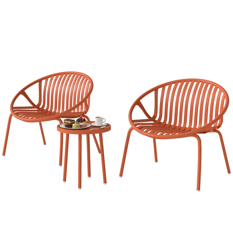 Outsunny Salon de Jardin Ensemble Bistro 3 Pièces Table Basse à Plateau Concave Acier et Polypropylène 80x70x75cm Rouge Brique