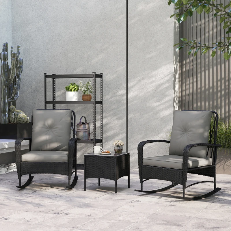 Outsunny Three-Piece Rocking Chair Rattan Bistro Set - Black