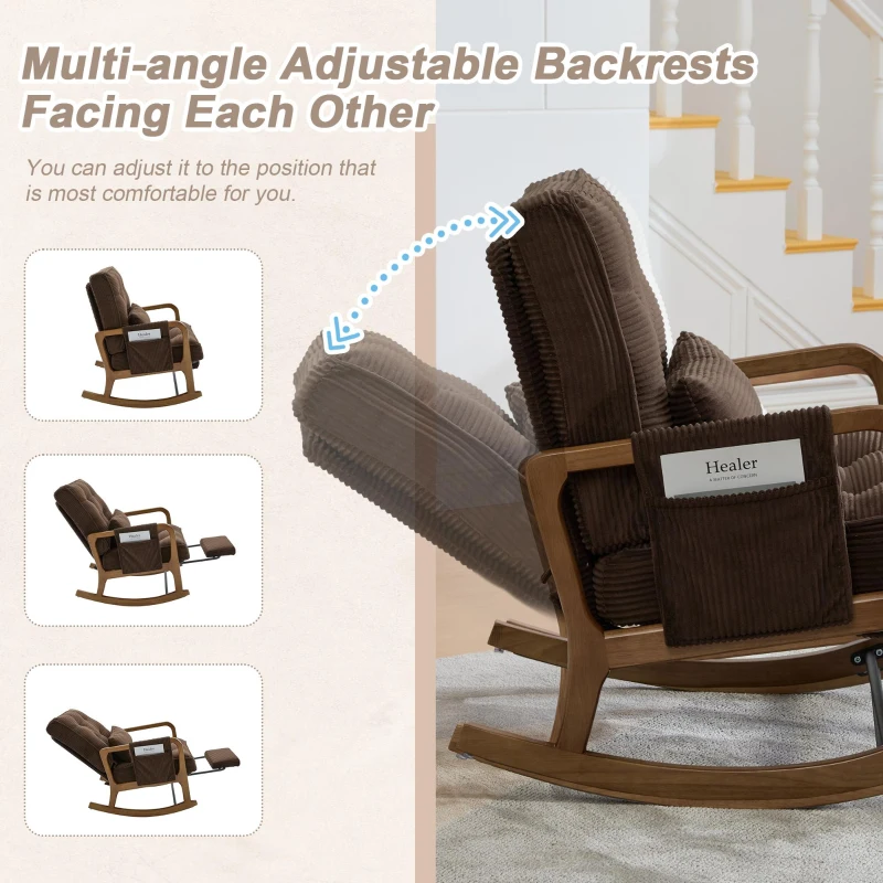 Cozy Rocking Chair with Adjustable Footrest and Side Pocket, Soft Corduroy Glider Armchair for Nursery, 92L x 80W x 70H cm, Coffee