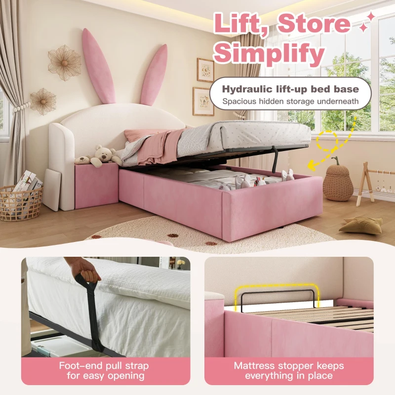 Bunny Ears Children's Bed with Hydraulic Storage, Adorable Bed for Girls Bedrooms, 206L x 149W x 143H cm, Beige+Pink