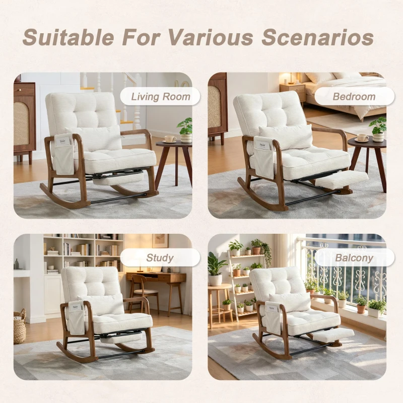 Cozy Rocking Chair with Adjustable Footrest and Side Pocket, Soft Corduroy Glider Armchair for Nursery, 92L x 80W x 70H cm, Beige