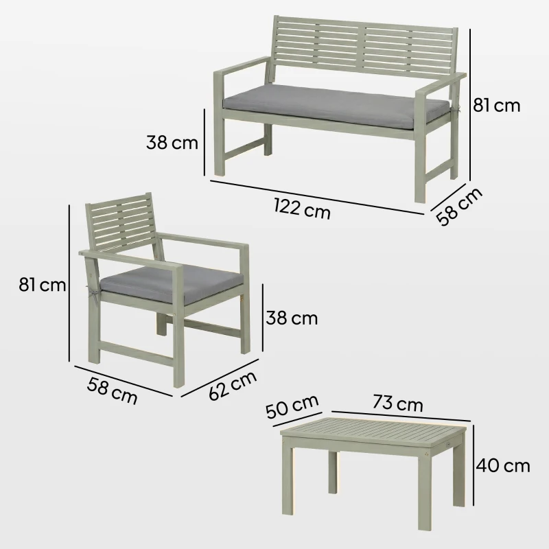 Outsunny 4 Seater Wooden Garden Furniture Set with Loveseat, Armchairs, Table, Acacia Wood Garden Sofa Set, Light Grey