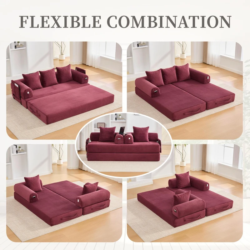 Cozy Compressible Folding Sofa with Detachable Metal Frame, Soft Modular Sectional Couch for Small Apartment, 110L x 33W x 33H cm, Wine Red