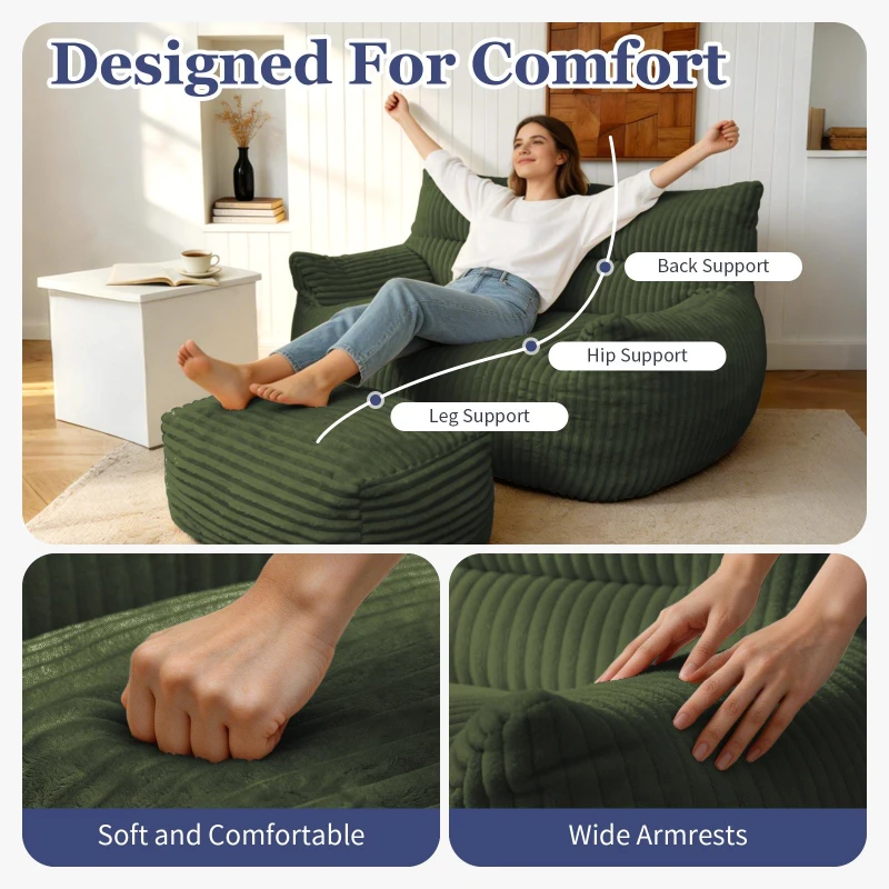 Oversized 2-Seater Corduroy Sofa with Ottoman, Comfortable Couch for Couples and Family, 100L x 135W x 75H cm, Green