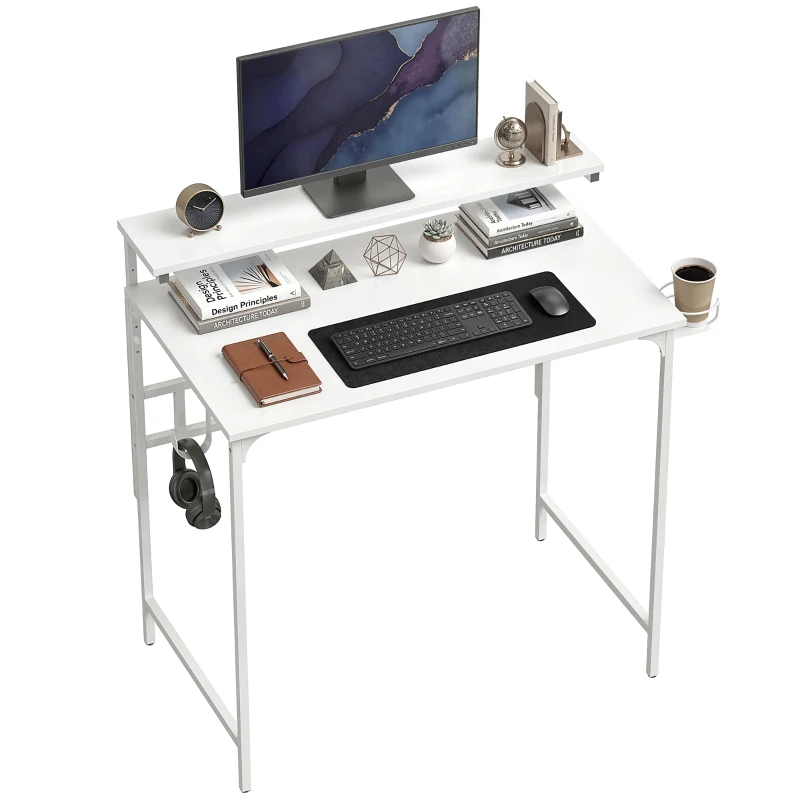 HOMCOM Computer Desk, 80cm Home Office Study Table with Hutch Shelf, Cup Holder, Headphone Hook, White