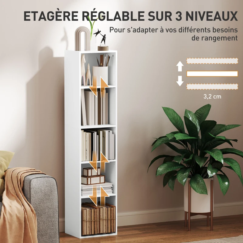 HOMCOM Bibliothèque étagère de rangement 5 niveaux avec étagères réglables pour salon, chambre, bureau, 30x24x133,5cm, blanc