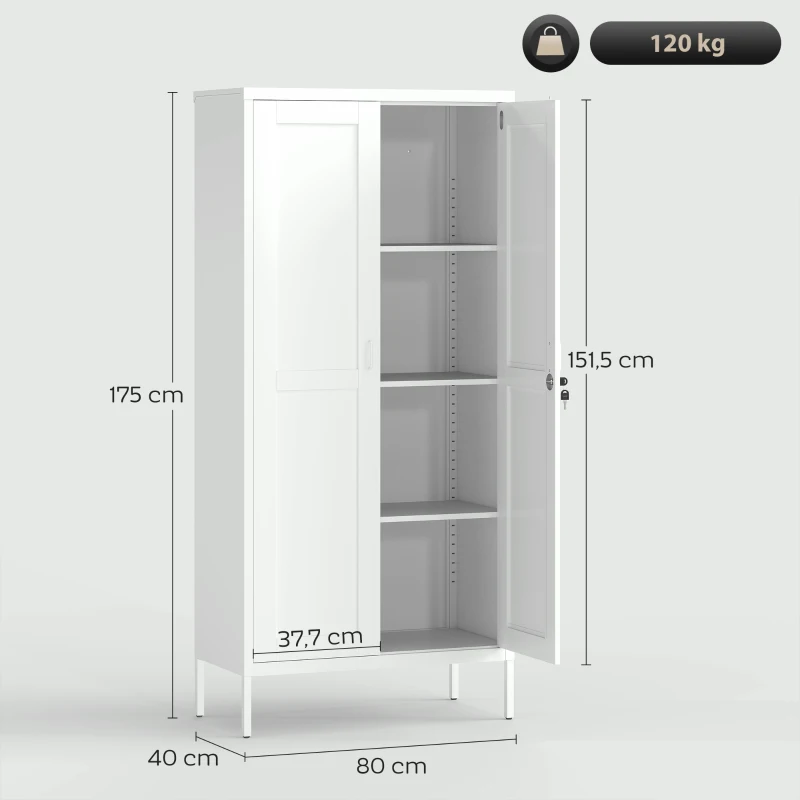 HOMCOM Armadio per Ufficio in Acciaio a 3 Ripiani Regolabili con Serratura e 2 Chiavi, 80x40x175 cm, Bianco