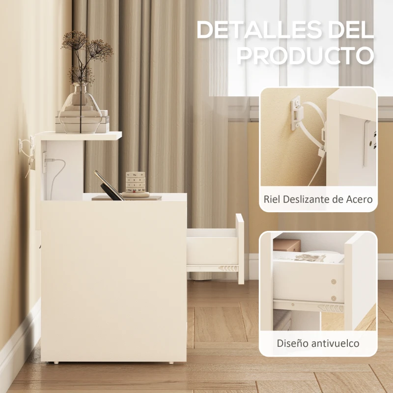 HOMCOM Mesita de Noche con Estación de Carga Puertos USB Cajón y Estantes Mesilla de Noche Dormitorio 40x40x60 cm Blanco