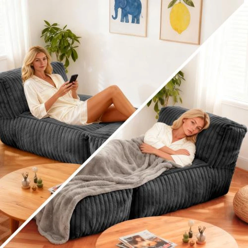 Comforting Modular Bean Bag Sofa with Ottoman, Versatile Couch for Living Rooms, Bedrooms, Dorms, 160L x 80W x 66H cm, Dark Gray