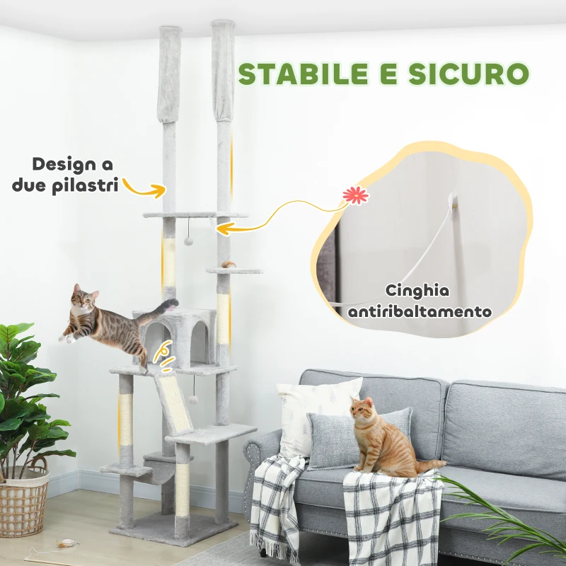 PawHut Albero Tiragraffi a Soffitto con Altezza Regolabile 225-255 cm con Casetta e Amaca, Grigio Chiaro