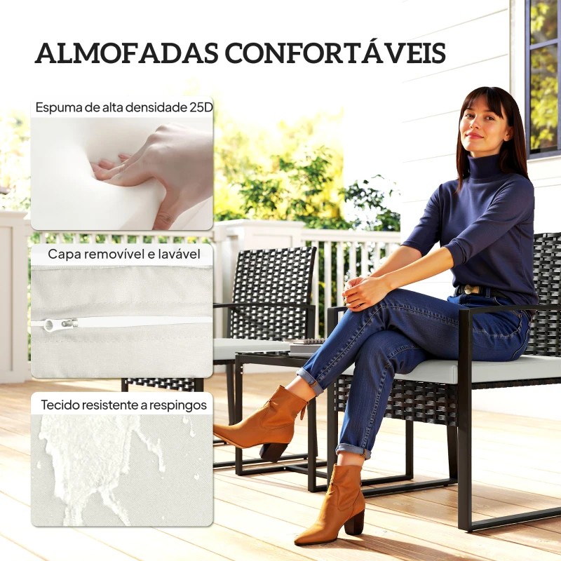 Outsunny Conjunto de Móveis de Exterior de 3 Peças em Vime PE com Cadeiras Mesa de Vidro Temperado e Almofadas Marrom e Creme