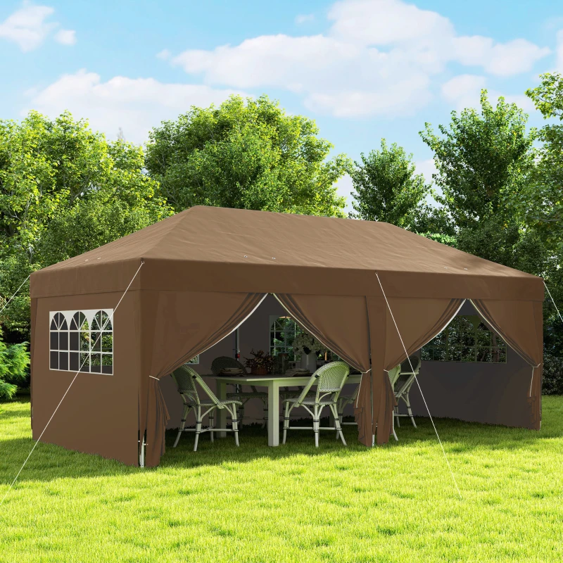 Outsunny Tonnelle de jardin exterieur tonnelle pliante 3 x 6 m avec 6 parois latérales, sac de transport inclus, café