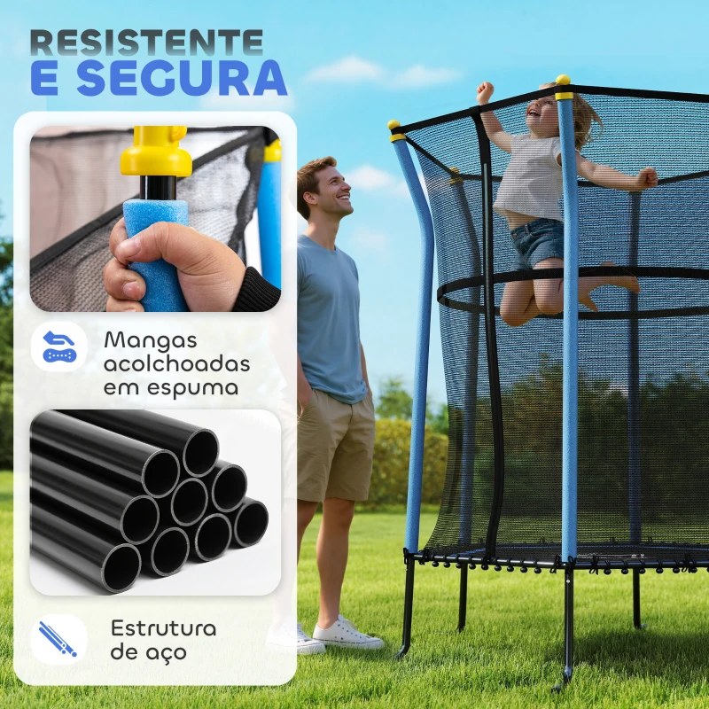 HOMCOM Trampolim para Crianças Cama Elástica Infantil com Rede de Segurança para Interiores e Exteriores Carga 50 kg Ø163,5x190 cm Azul