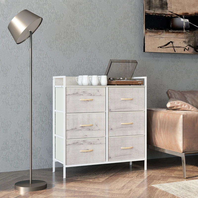 HOMCOM Rustic Chest of Six Fabric Drawers - Natural