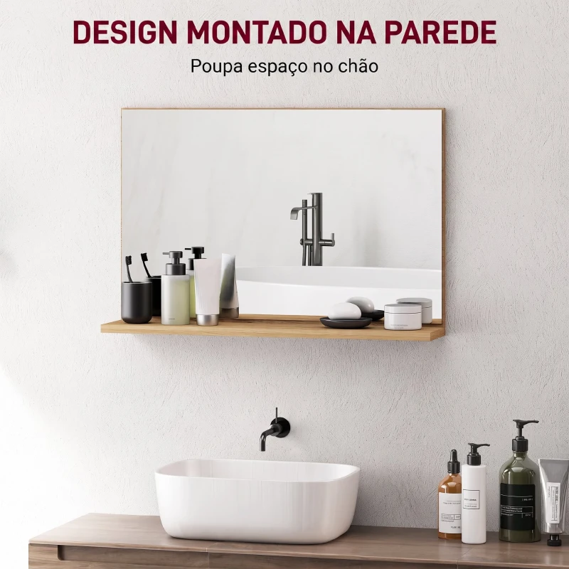 Kleankin Espelho de Casa de Banho de Parede com Prateleira Aberta Estilo Moderno para Hall de Entrada e Corredor 60x12x40 cm Madeira Natural