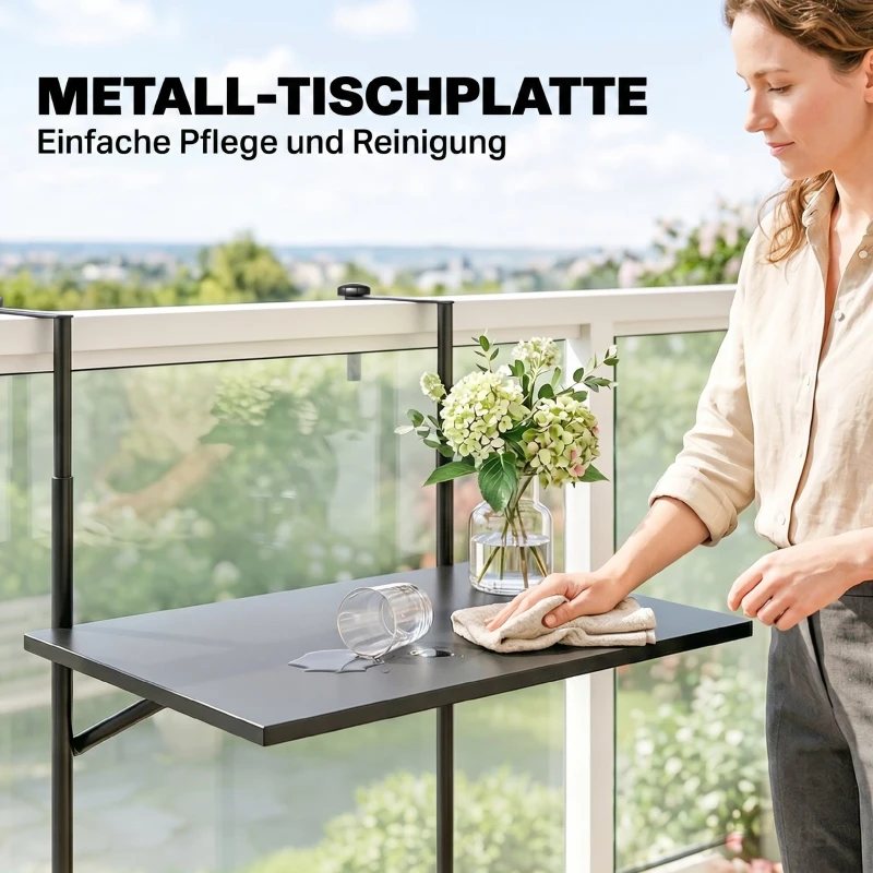 Outsunny Balkontisch, für Geländer 6-15cm Dicke, verstellbar, rostfreies Metall, 62x60x85,5cm, Schwarz