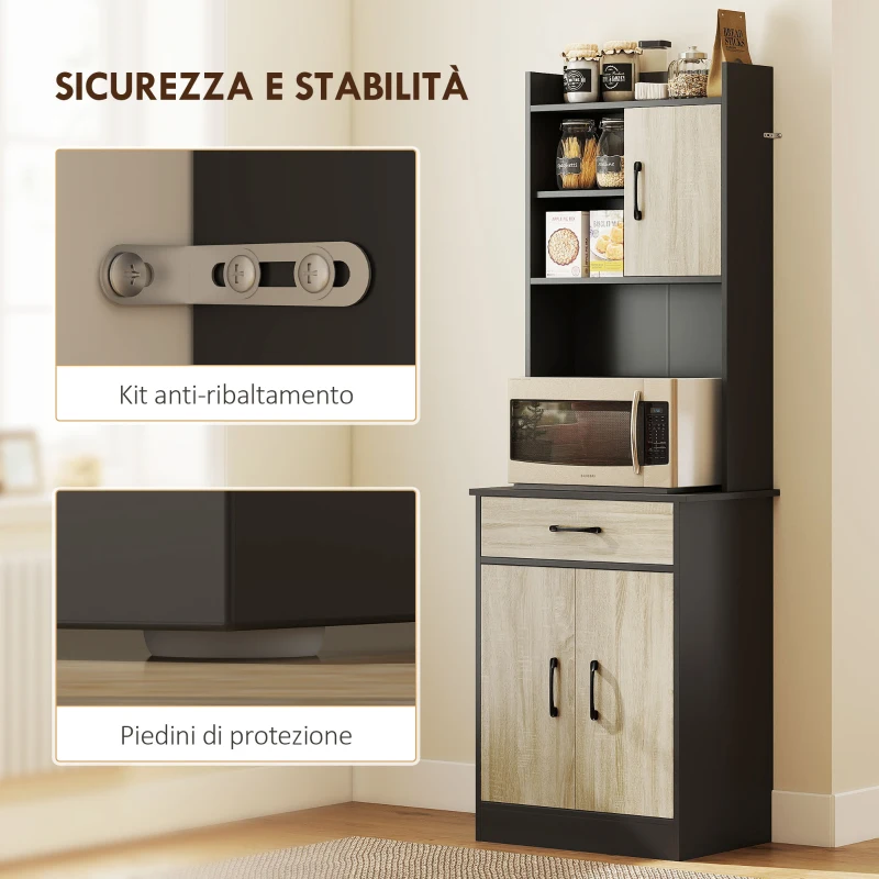 HOMCOM Mobile Dispensa in Legno con Cassetto, 2 Ripiani Aperti e Armadietti, 60x40x180 cm, Nero e color Legno