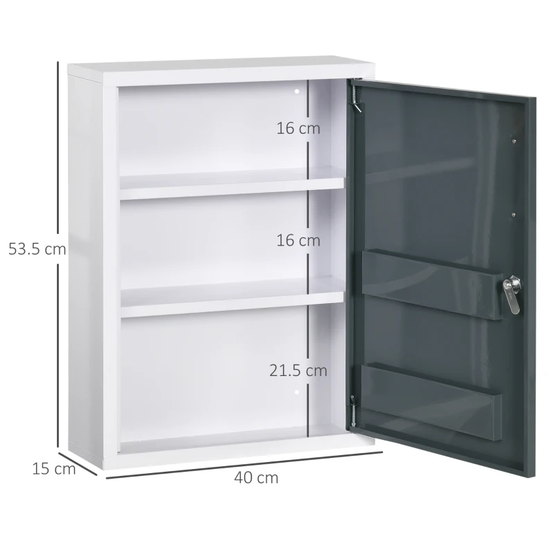 kleankin Armadietto Medicinali con 3 Ripiani e Blocco con Chiavi in Acciaio, 40x15x53.5cm, Bianco e Grigio