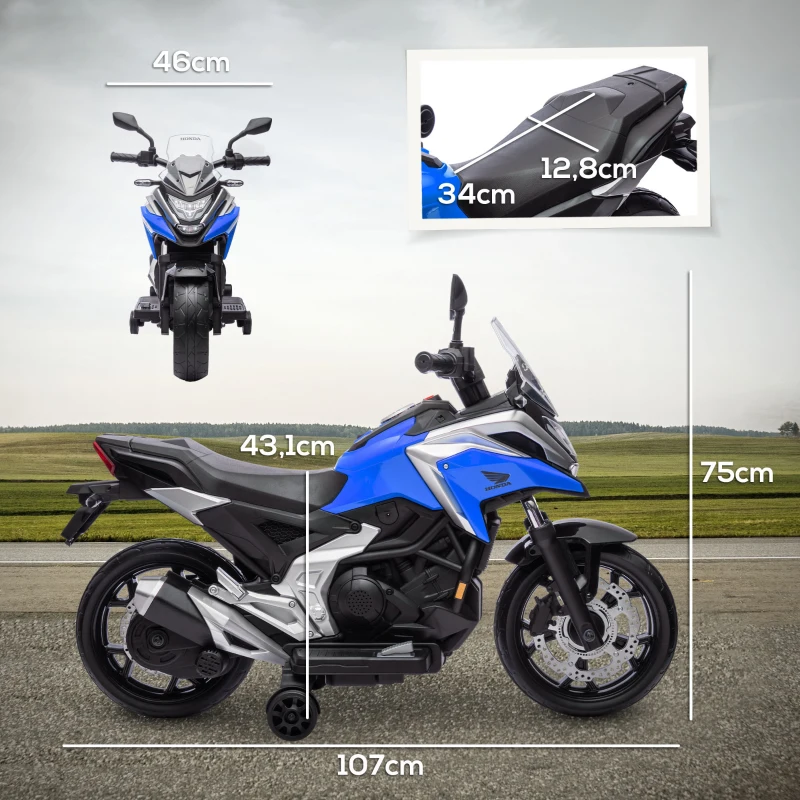 AIYAPLAY Moto Elettrica per Bambini 3-6 Anni Licenza Honda, 12V Doppi Motori, Rotelle, 3 km/h, Max 30kg, Blu