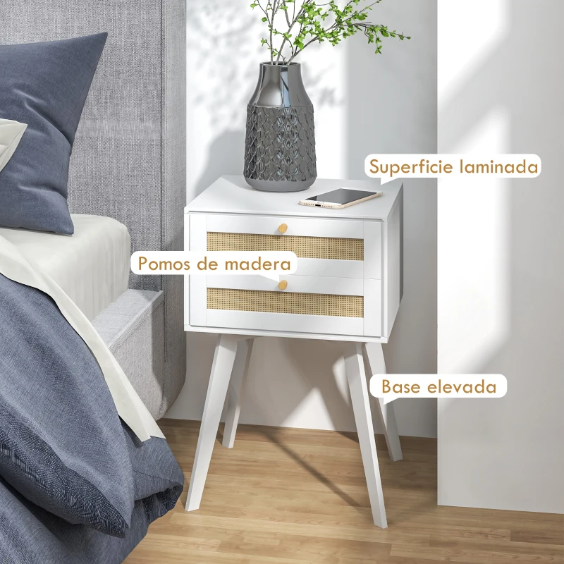 HOMCOM Mesilla de Noche Blanca Mesita de Noche con 2 Cajones Estilo Cannage Mesita Auxiliar Pequeña 40x40x60 cm