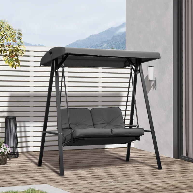 Outsunny 2 Seater Garden Swing Chair with Adjustable Tilting Canopy, Outdoor Hammock Bench with Steel Frame for Patio, 144 x 117 x 173 cm, Grey