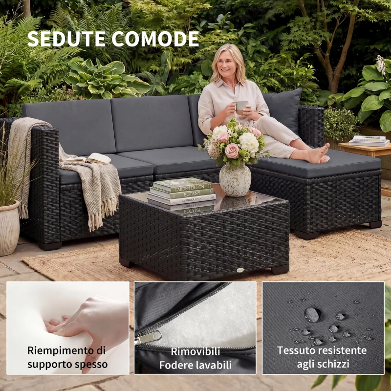 Outsunny 5-Piece Modular Wicker Garden Set with Cushions, Gray Corner Sofa