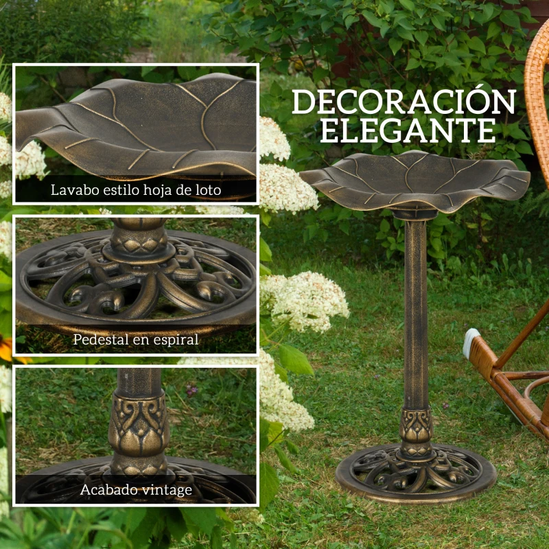 Outsunny Baño para Pájaros de Jardín Exterior 71 cm con Diseño Hoja de Loto y Acabado Envejecido Ligero y Resistente Bronce