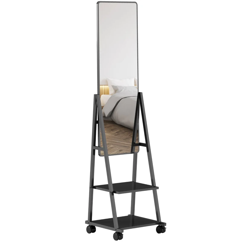 HOMCOM Oglindă Verticală de Podea cu 2 Rafturi și 4 Roți, din Oțel și Lemn, 42x37x155 cm, Negru