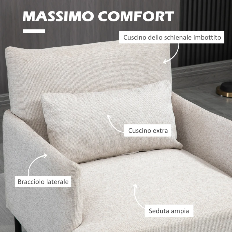 HOMCOM Poltrona Moderna d'Arredo con Cuscino Extra, in Tessuto Effetto Lino e Acciaio, 73x81x82 cm, Bianco Crema
