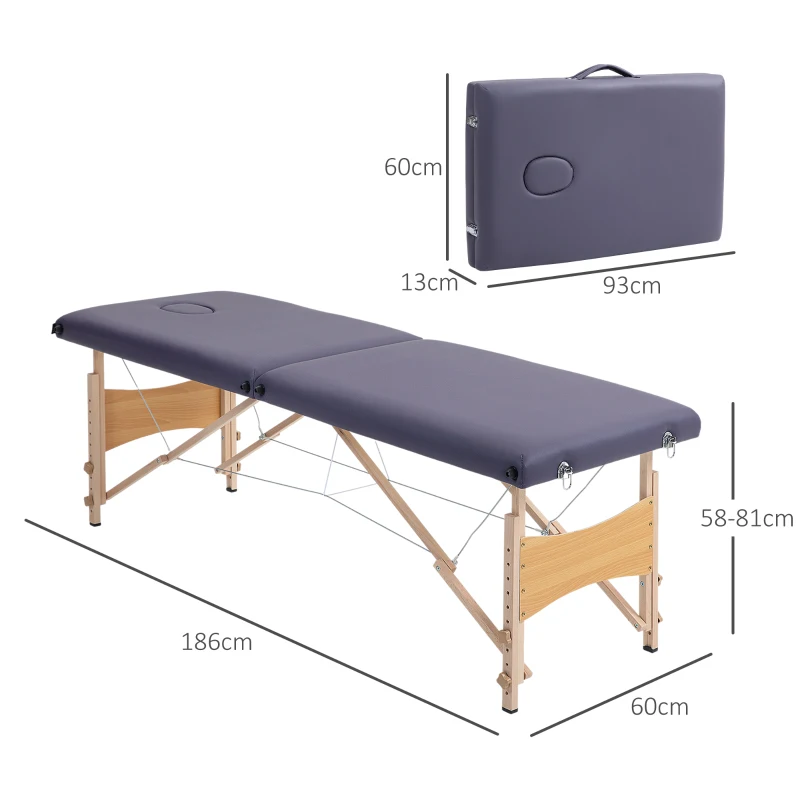 HOMCOM Camilla de Masaje Plegable con Marco de Madera con Altura Regulable y Bolsa de Transporte 186x60x61-87 cm Púrpura