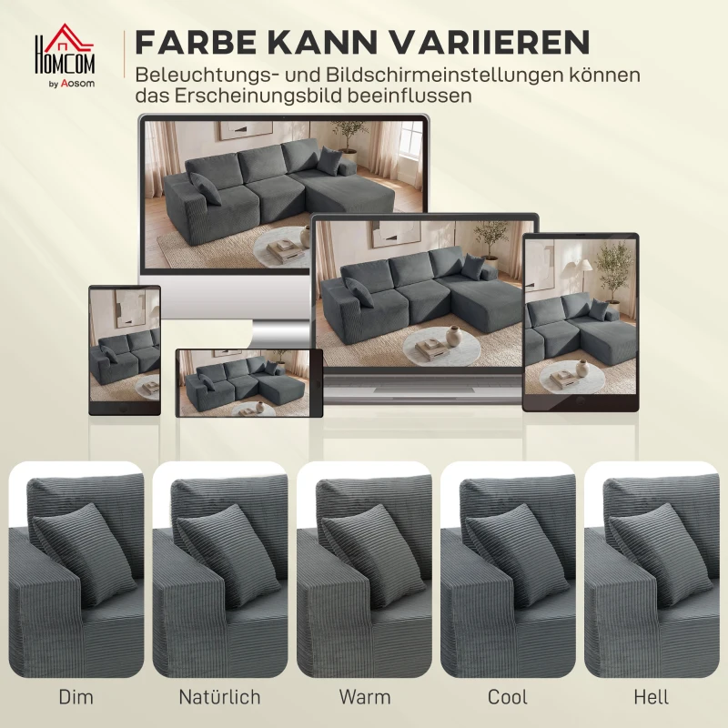 HOMCOM Modulares Ecksofa, L-förmiges Sofa-Bett mit tiefem Sitz, breiten Armlehnen, 2 Kissen, Dunkelgrau