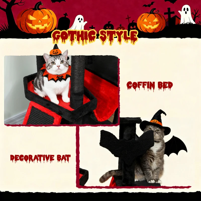 PawHut Gothic Cat Tree, 152 cm Multi-Level Cat Tower for Large Cats with Coffin Bed, Large Condo, for Halloween