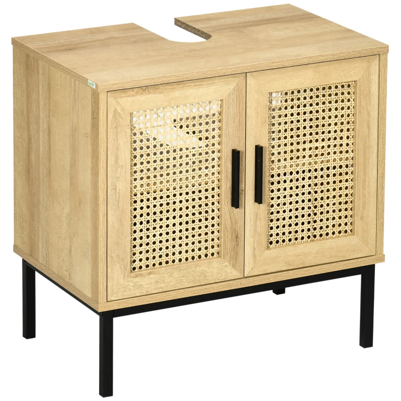 kleankin Meuble salle de bain sous lavabo placard 2 portes cannage avec étagère 60 x 39 x 60 cm coloris bois de chêne