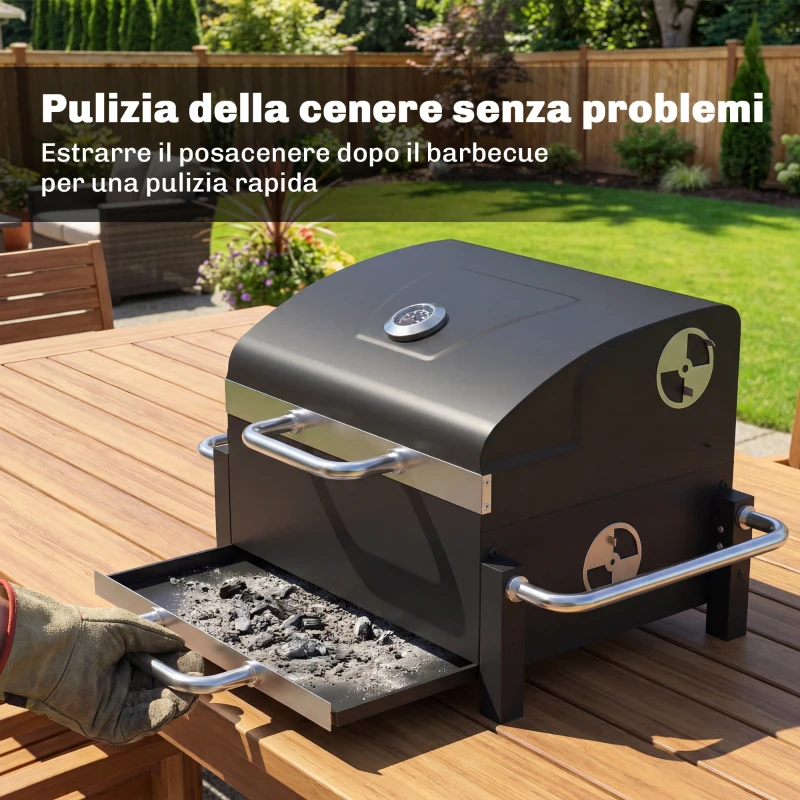 Outsunny Barbecue Portatile a Carbone con Prese d'Aria, Vassoio per Cenere e Termometro, in Acciaio, 74.5x54x46 cm, Nero
