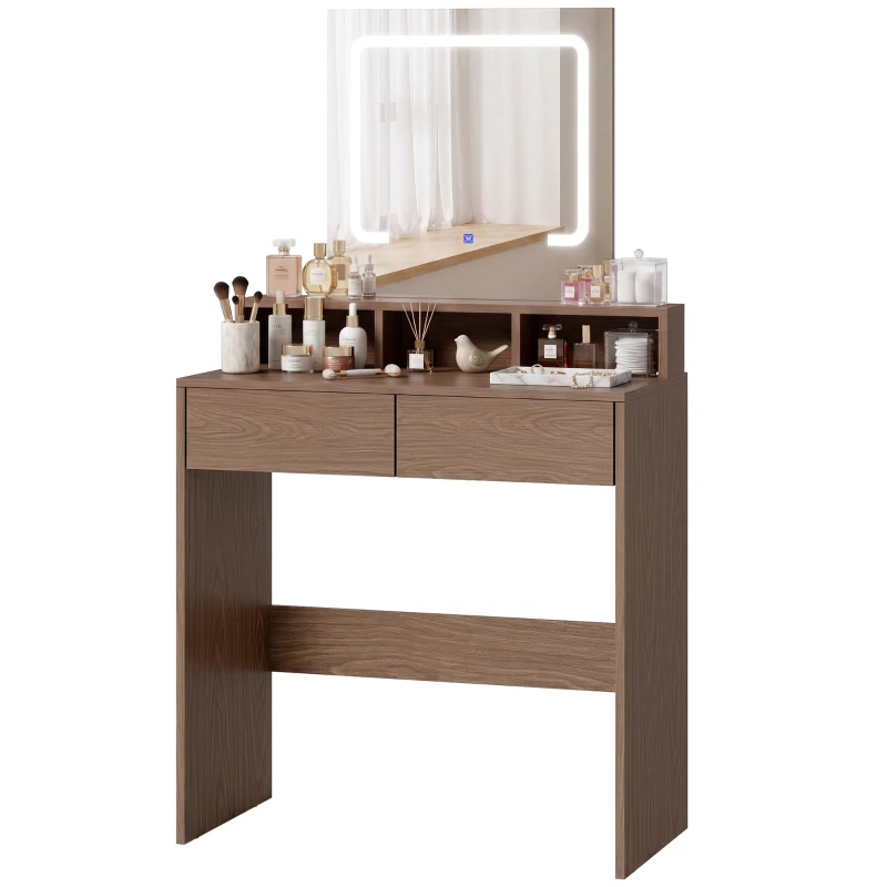 HOMCOM Vanity Table, Dressing Table with Mirror, LED Lights, 2 Drawers, 3 Compartments, 3 Colour Lighting, Walnut