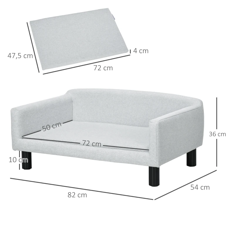 PawHut Divano per Cani Taglia Media e Piccola Vellutato con Cuscino, Braccioli e Schienale, 82x54x36 cm, Grigio Chiaro