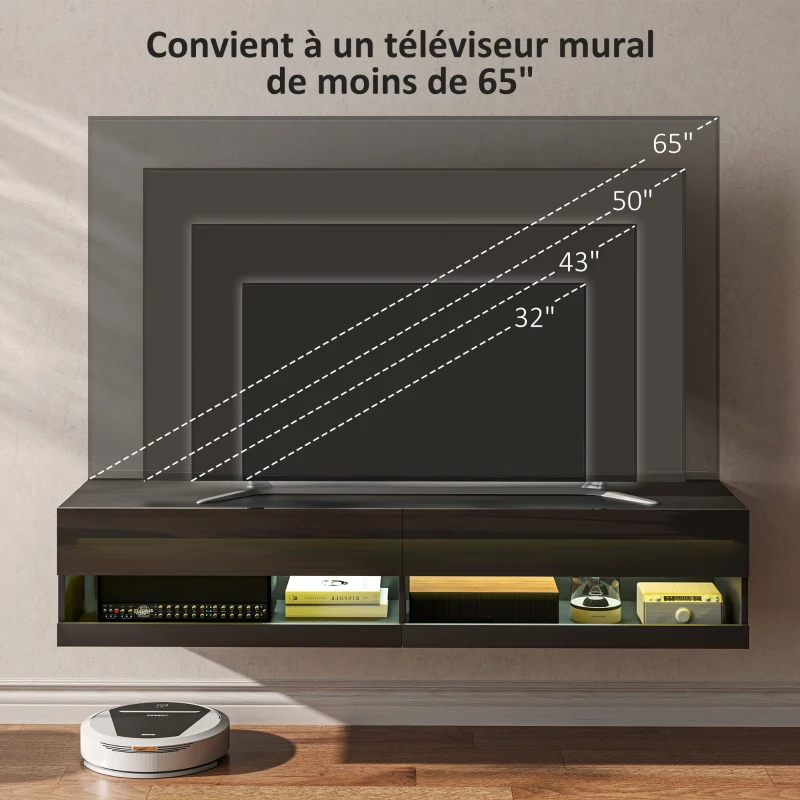 HOMCOM Meuble TV banc TV mural suspendu LED style contemporain - placards avec 2 portes battantes et 2 passe-câbles en bois