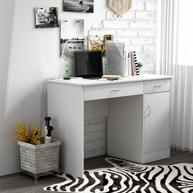 HOMCOM Scrivania Moderna per PC e Computer con 2 Cassetti e 1 Armadietto, Scrivania con Libreria Salvaspazio per Ufficio o Camera in Legno, Bianco