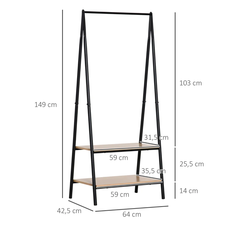 HOMCOM Perchero de Ropa Perchero de Pie con 2 Estantes de Almacenamiento Barra para Colgar y Marco de Acero 64x42,5x149cm Negro