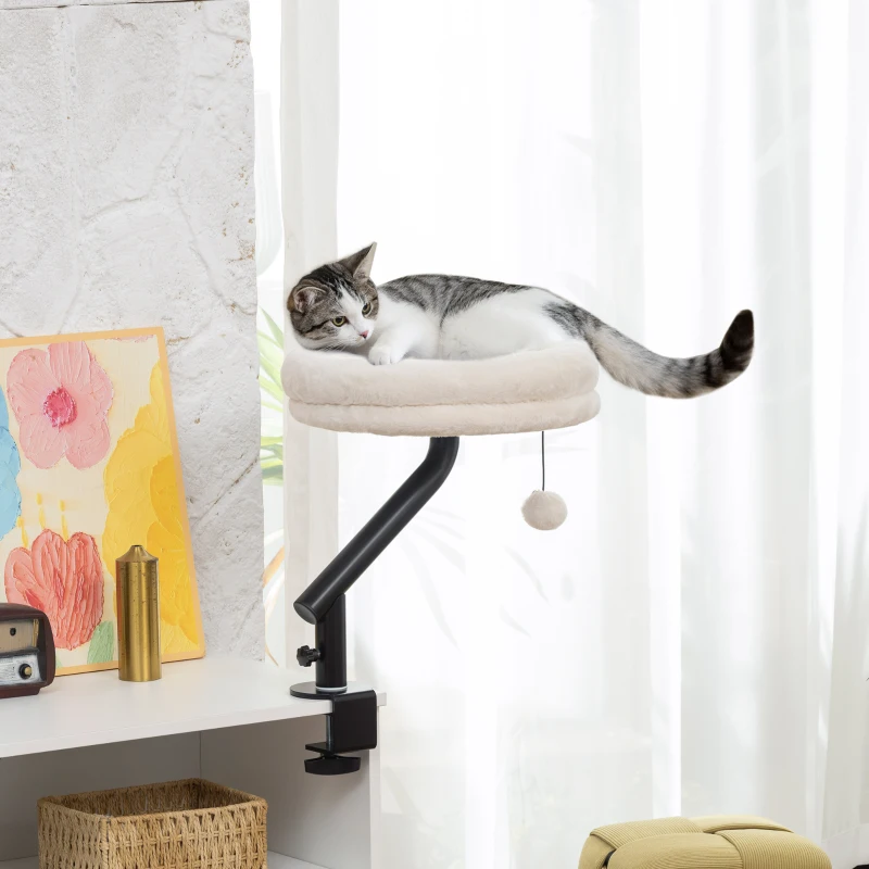 PawHut Katzen-Schreibtischbett, Katzenbett für Schreibtisch mit 360°Drehung, verstellbarer Höhe, Katzenliege mit abnehmbarem, maschinenwaschbarem Bett, für Katzen unter 6 kg, Heimbüro, Cremeweiß