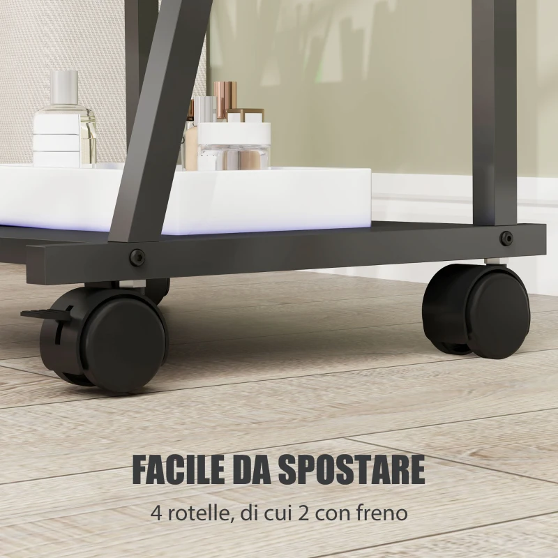 HOMCOM Specchio Verticale da Terra con 2 Ripiani e 4 Rotelle, in Acciaio e Legno, 42x37x155 cm, Nero