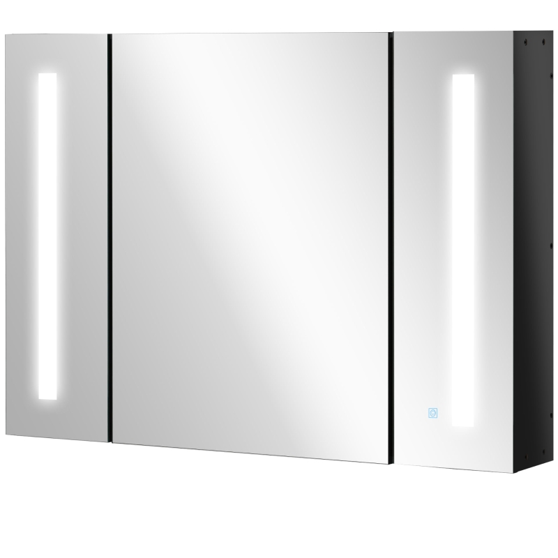 kleankin LED Bathroom Cabinet with Mirror, Wall Mounted Dimmable Brightness Storage Organiser with 3 Mirrored Doors and Adjustable Shelves, Memory Function, USB Charge, High Gloss Black
