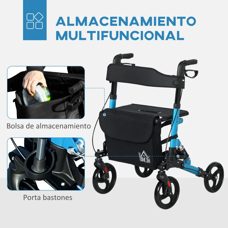 HOMCOM Andador para Ancianos Plegable de Aluminio con Asiento 4 Ruedas Altura Ajustable Frenos de Maneta Azul y Negro