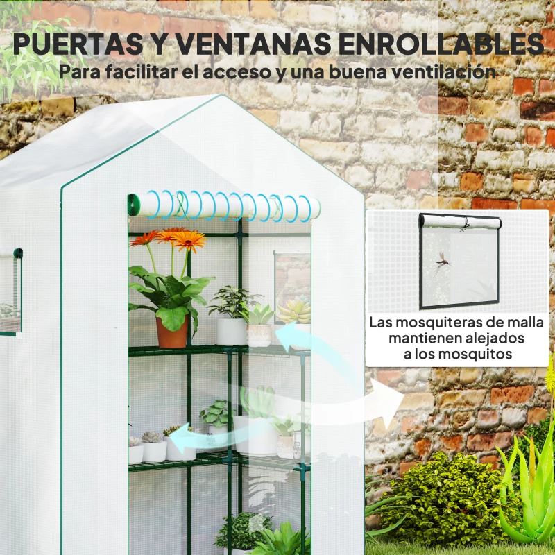 Outsunny Invernadero de 3 Niveles con 1 Puerta 2 Ventanas y Estantes en Forma de U para Cultivo de Plantas 140x73x190 cm Blanco