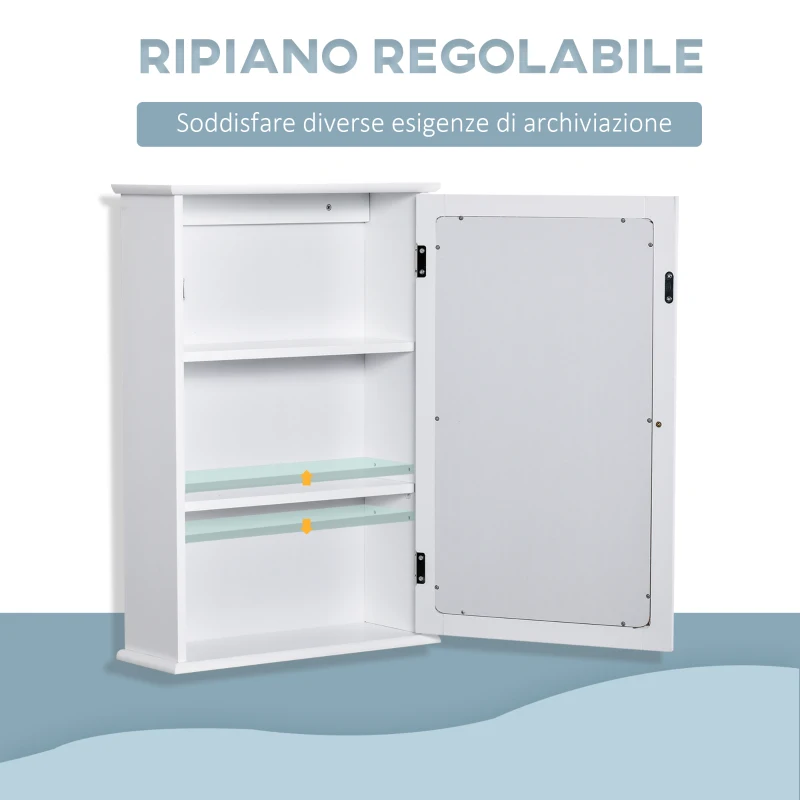 kleankin Specchio Bagno Contenitore con Anta Magnetica, Mobile Bagno con Specchio, Ripiano Regolabile, Bianco