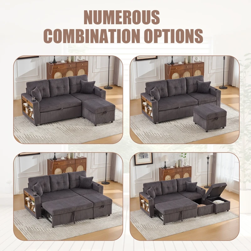Modern Corduroy Sofa Bed with Pull-Out Bed, Storage and LED Lighting, Plush Sleeper Couch for Living Rooms, 196L × 82W × 85H cm, Dark Gray