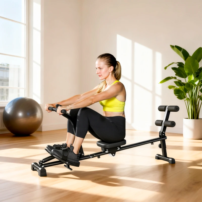 SPORTNOW Rudermaschine, Rudergerät für Situps, 12-stufig verstellbar, 2-in-1 Kardiogerät, LCD-Anzeige, Stahl, Kunststoff, Schwarz
