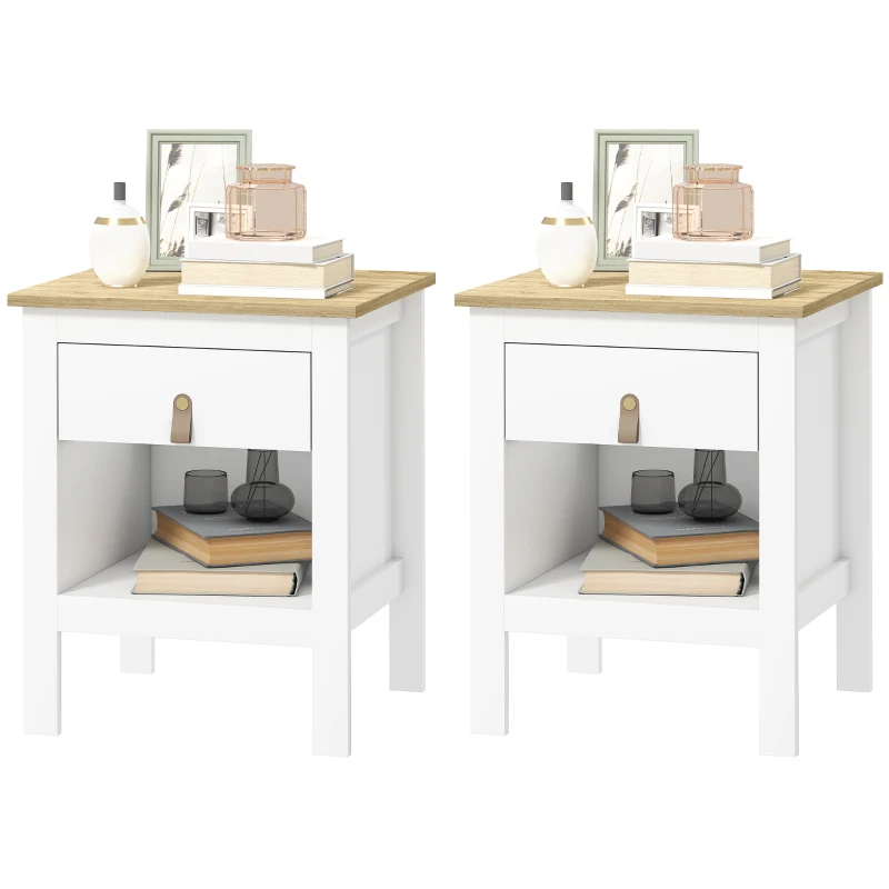 HOMCOM Set 2 Comodini con Cassetto e Ripiano Aperto in Legno, 45x40x55 cm, Bianco e Rovere