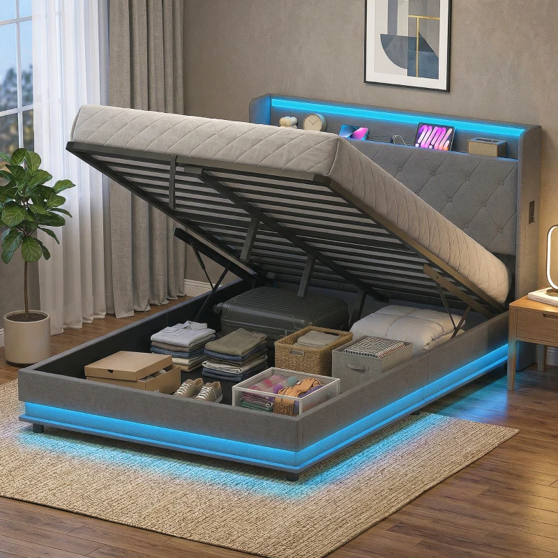 HOMCOM Bettgestell 140 x 200 cm mit Kopf- und Fußteil, Plattformbett mit hydraulischem Stauraum, LED-Lichtern